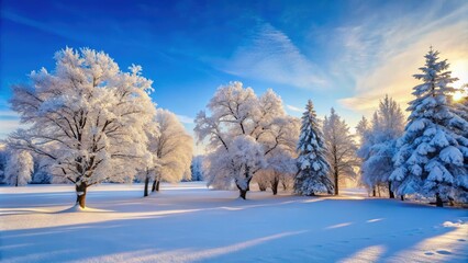 Obraz premium Trees covered in snow creating a picturesque winter scene , winter, landscape, snowy, trees, frost, cold, panorama, scenic, beautiful