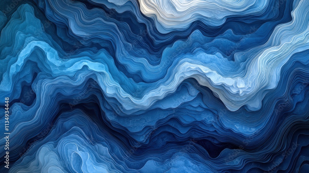 Poster layers of deep blue waves intertwine, creating a calming abstract ocean landscape filled with moveme