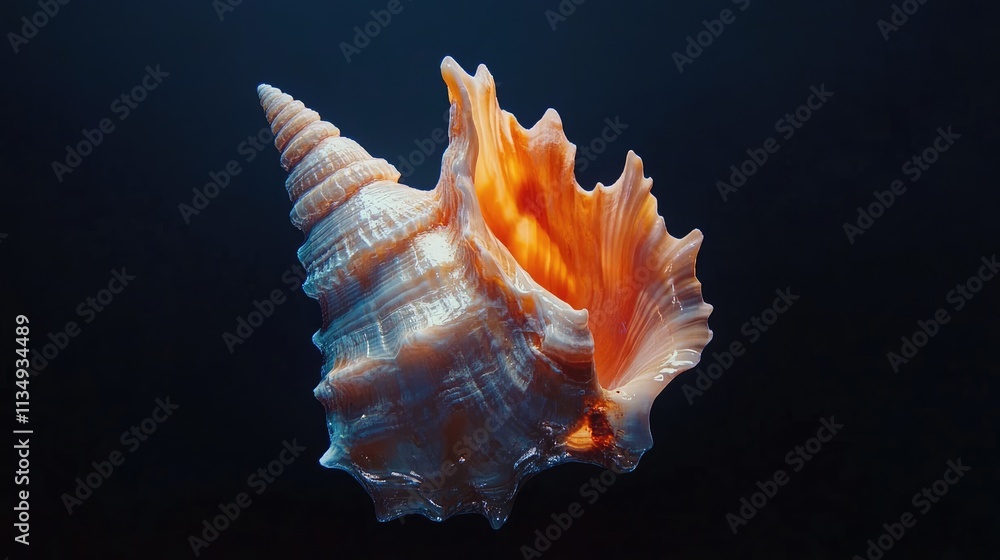 Poster a beautiful conch seashell with intricate patterns showcased against a dark background highlighting 