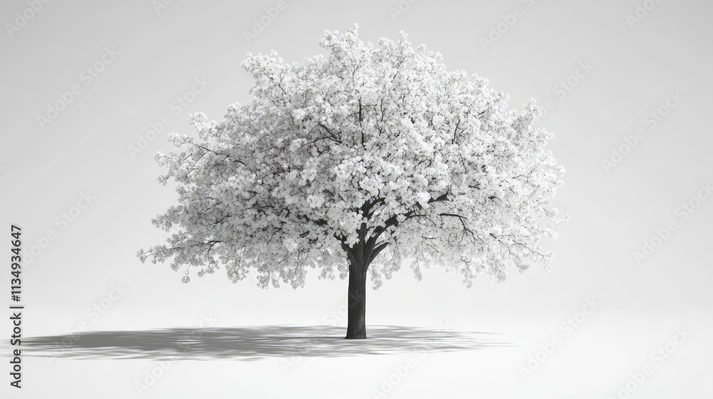 Poster tree silhouette with white blossoms against a minimalistic white background creating a serene and pe