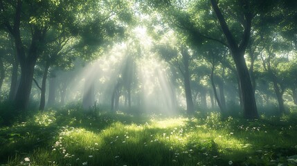 Sunlight streaming through lush forest nature photography serenity