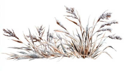 Fototapeta premium Frosted grass and leaves in a winter landscape showcasing delicate icy textures and natural beauty on a white background