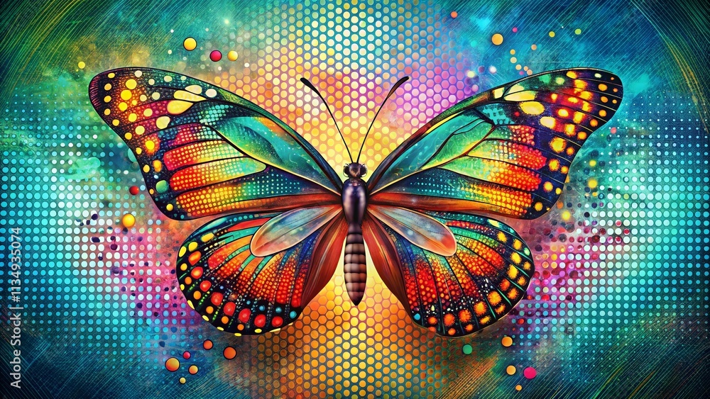 Poster Enchanting Double Exposure of a Butterfly with a Dotted Halftone Design in Doodle Style, Merging Nature and Artistry for a Captivating Visual Experience