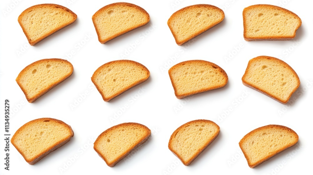Poster aerial view of assorted slices of toasted bread arranged on a white background showcasing texture an