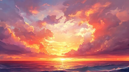 Fototapeta premium Vibrant sunset over the ocean with dramatic clouds reflecting warm tones of red and orange in the golden hour sky landscape