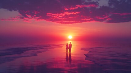 Fototapeta premium Couple walking on beach at sunset seaside photo tranquil view