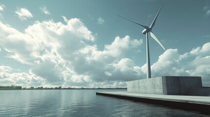 Prototype wind turbine standing at a dock against a vibrant sky with fluffy clouds reflecting in the calm water showcasing renewable energy innovation