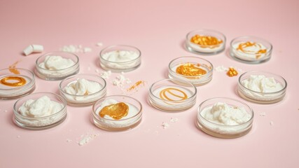 A collection of small glass dishes containing white cream and gold paint on a soft pink background.