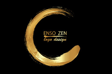 Enso Zen Circle hand-drawn with old gold ink in traditional Japanese style sumi-e, luxury vector logo design in Paint Brush art style, isolated on black background