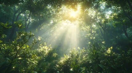 Tranquil nature scene sunlight filtering through forest canopy