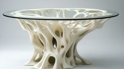 Obraz premium Modern artistic table with unique organic design and glass top, showcasing innovative furniture concepts for contemporary interiors.