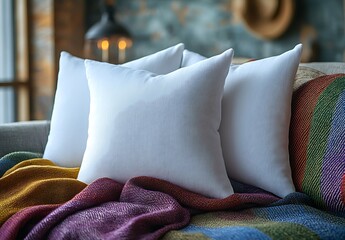 White pillows rest on a colorful throw blanket