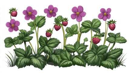 Strawberry plant illustration featuring vibrant green leaves, purple flowers, and ripe strawberries in an organic garden setting.