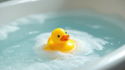 Yellow Rubber Duck Floating in a Bathtub with Bubbling Water