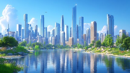 Obraz premium Urban skyline reflection modern city digital art daytime aesthetic