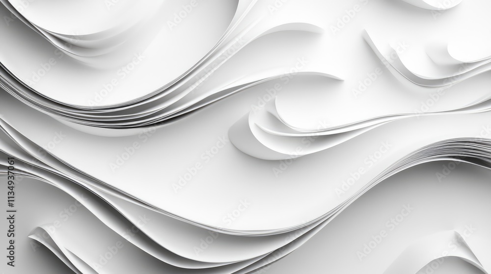 Poster textured white paper with flowing waves and curls creating a soft and elegant background design for 