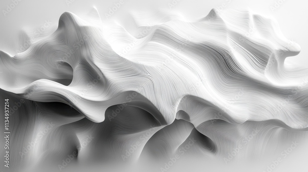 Poster abstract white sculpture mimicking flowing contours and elegant waves in a serene setting highlighti