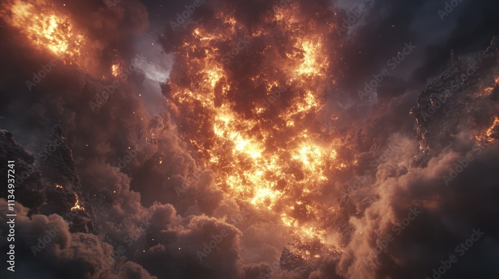 Poster dramatic fiery explosion with intense flashes and billowing clouds of smoke creating a captivating a