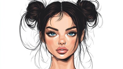 Fototapeta premium Young woman with pigtails showcasing a modern hairstyle and striking features isolated on a clean white background.