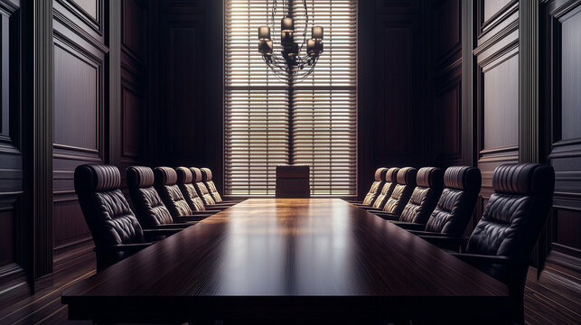 A Vast, Vacant Corporate Bankruptcy Hearing Room, Featuring a Long Wooden Table and Leather Chairs, Dim Lighting Accentuates Solemn Atmosphere, Background Window with Partially Closed Blinds Adds Isol