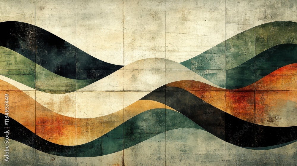 Poster abstract waves in vibrant colors create a dynamic visual rhythm in a modern art installation