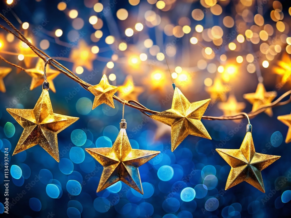 Poster enchanting golden string of christmas star lights against a blue background with abstract bokeh effe