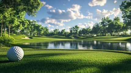 Fototapeta premium Golf ball on green near lake.