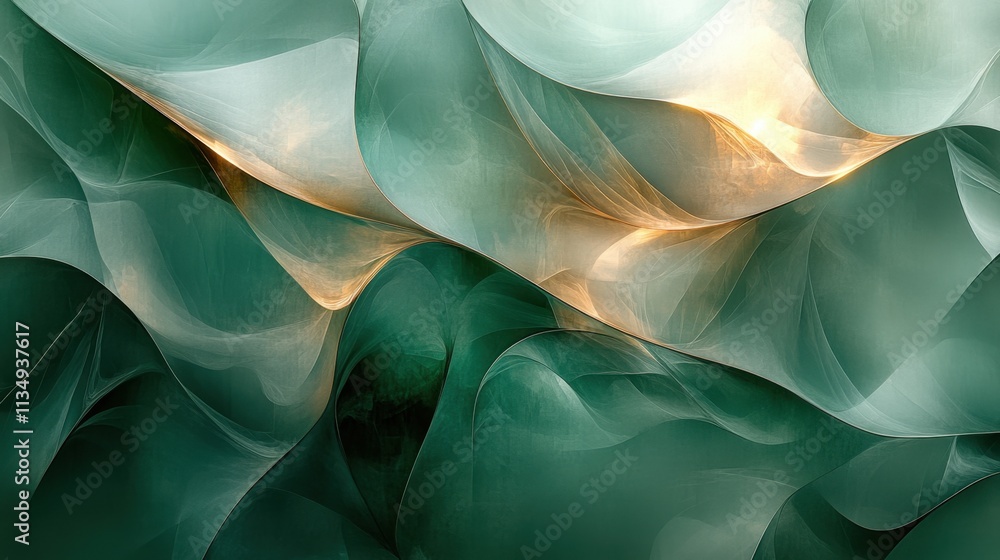 Poster fluid patterns of light and color create a serene abstract landscape in gentle hues of green and gol