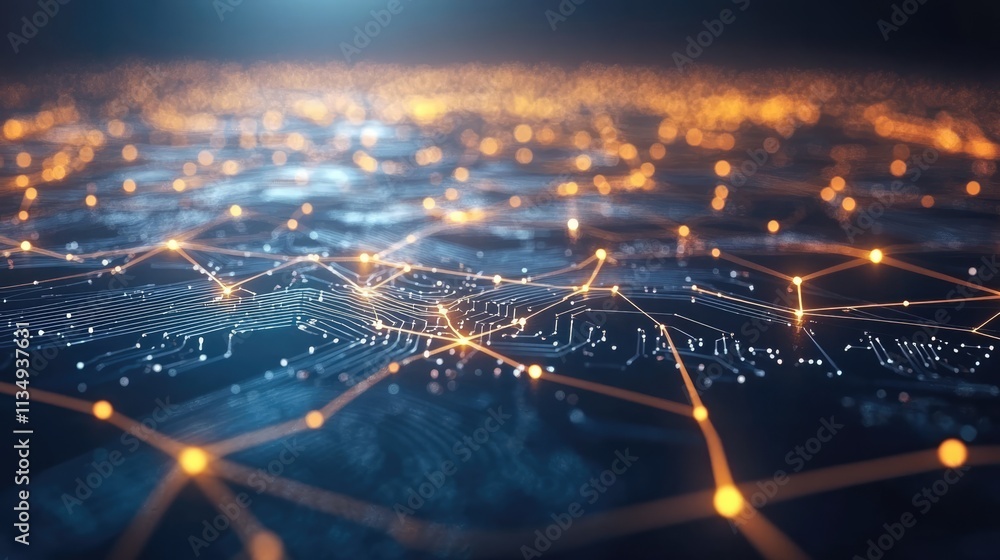Poster futuristic abstract circuit board design with glowing connections and nodes on a dark background, re