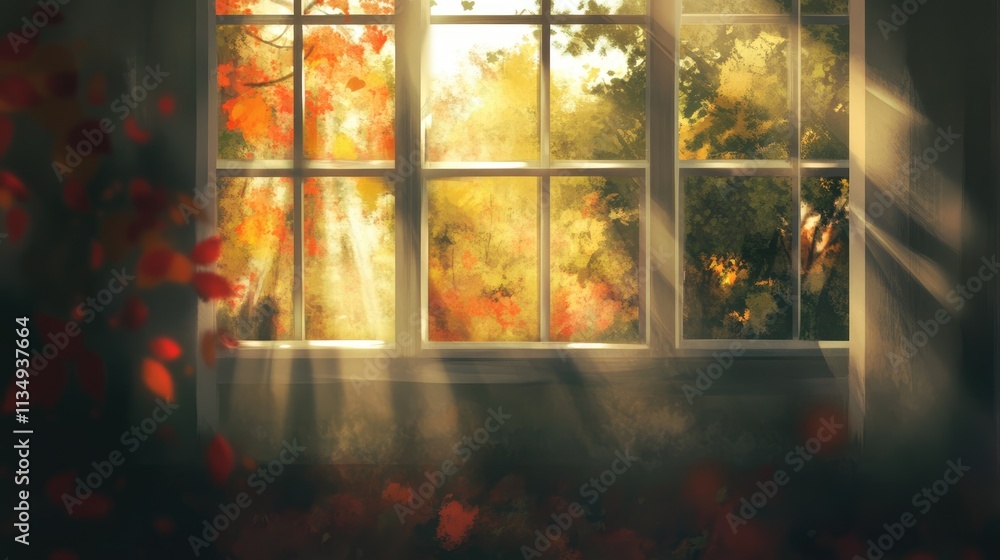 Poster dreamy summer foliage filtering through a window creating a serene and ethereal atmosphere with soft