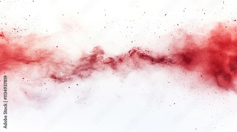 Poster abstract red powder explosion creating a dynamic and vibrant cloud of dust on a clean white backgrou