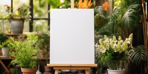 blank white mockup of a white canvas on an easel as a welcome sign at a wedding with many plants flowers view
