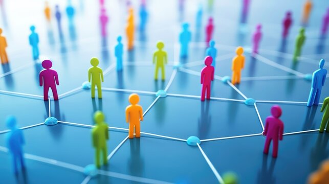 Social connection and networking concept with colorful figurines representing communication technology and community engagement