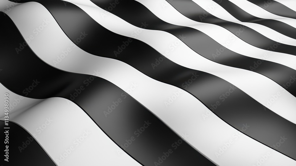 Poster striking black and white waves create a dynamic visual experience on fabric surface in artistic arra