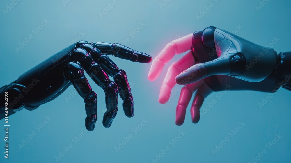 Poster futuristic interaction between human and robot hands symbolizing ai collaboration and technological 