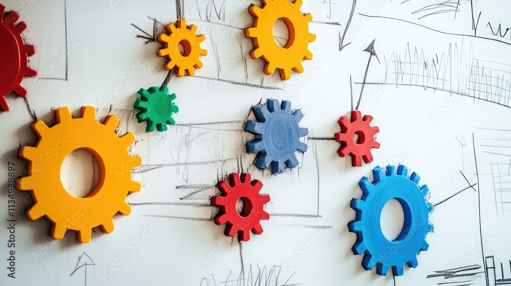 Poster colorful gears representing key performance indicators and mechanisms on a whiteboard for business s