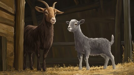 Brown and gray goats interacting in a rustic stable environment with hay and wooden structures for a serene rural scene