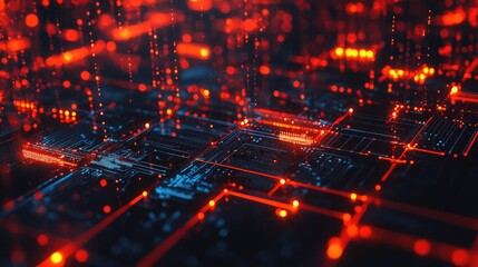 Fototapeta premium Abstract close up of illuminated circuit board with vibrant red and blue lights representing technology and artificial intelligence concepts