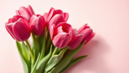 Fototapeta premium A delicate bouquet of pink tulips arranged on a soft pink background, showcasing the beauty of springtime blooms.