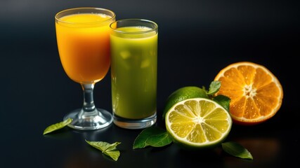 Fototapeta premium A refreshing summer beverage with citrus fruits, a glass of orange juice and a glass of lime juice, accompanied by a slice of orange and a lime on a dark background.