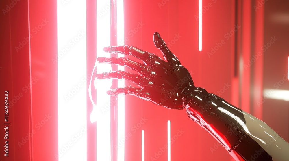 Poster robotic hand interacting with glowing ai symbol on a vibrant digital background representing artific