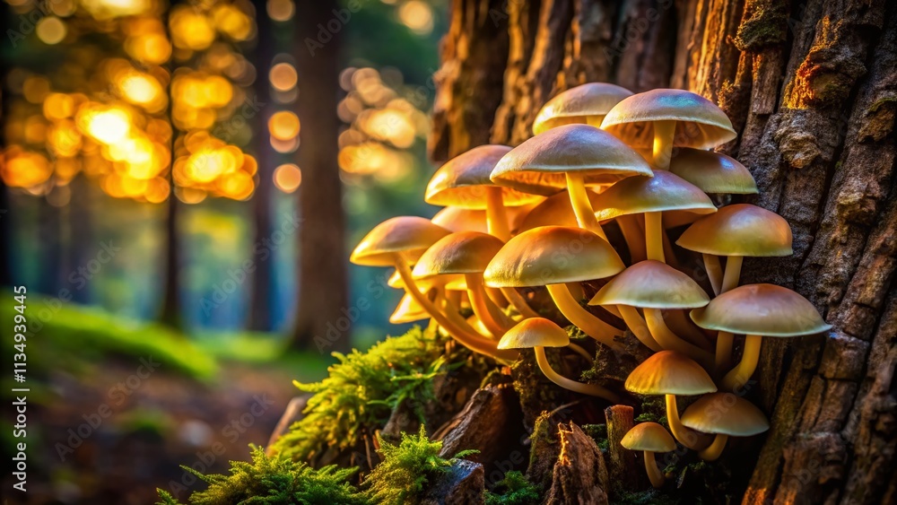 Aufkleber enchanting low light photography of mushrooms growing out of a tree, capturing their unique textures