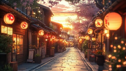 Fototapeta premium Sunset view of a Japanese street lined with traditional buildings, cherry blossoms, and paper lanterns.