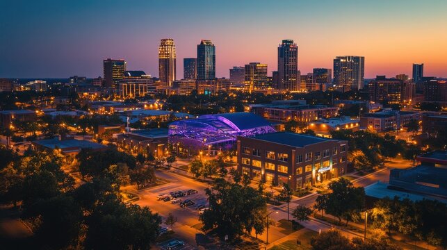Twilight cityscape panorama showcasing illuminated buildings, streets, and a modern architectural structure.