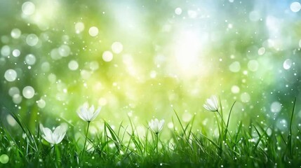 Fototapeta premium Abstract nature background featuring soft green hues with bokeh effect and delicate flowers in a vibrant grassy setting.
