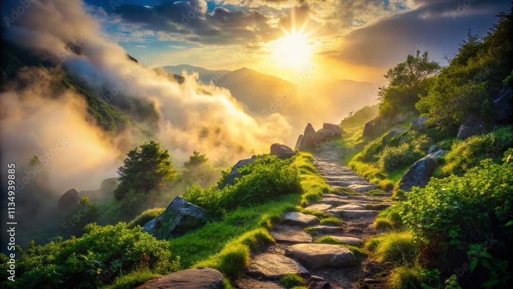 Poster enchanting misty mountain path with sun rays breaking through clouds, captured in tilt-shift photogr