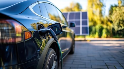 Naklejka premium Electric vehicle charging next to solar panels in sunny environment
