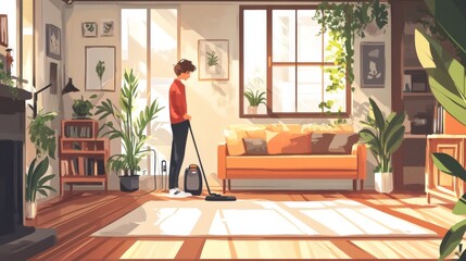 A man vacuums a modern living room filled with lush green plants and bathed in sunlight. The stylish and cozy interior creates a tranquil atmosphere, highlighting daily housework in a relaxing