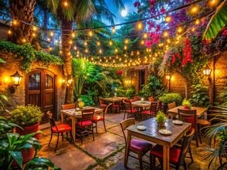 Fototapeta premium Enchanting Night Dining Experience in a Latin American Restaurant with Vibrant Decor and Lively Atmosphere Surrounded by Lush Tropical Landscape and Starry Skies