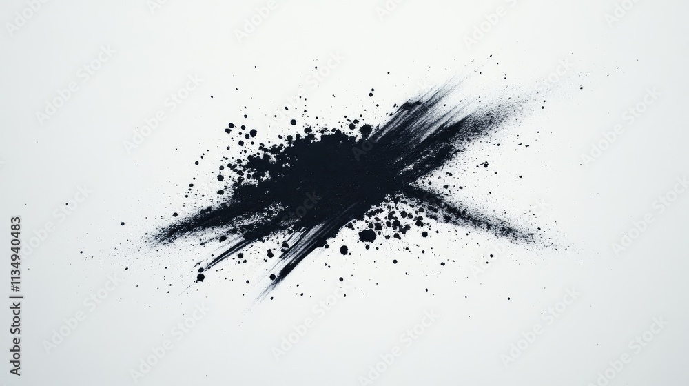 Poster abstract black ink splatter creating dynamic shapes on a clean white background for artistic and des